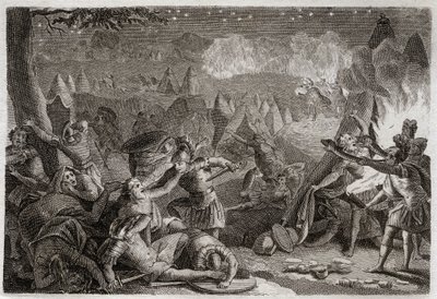 Bíblia de Royaumont, Velho Testamento: Derrota dos Midianitas pelo som das trombetas e pelas luzes das lâmpadas. Ilustração de 1811. de Unknown artist