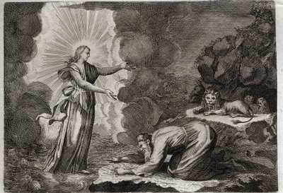Bíblia de Royaumont, Velho Testamento: Delivrance de Daniel. Daniel, na cova dos leões, está milagrosamente bêbado. Ilustração de 1811. de Unknown artist
