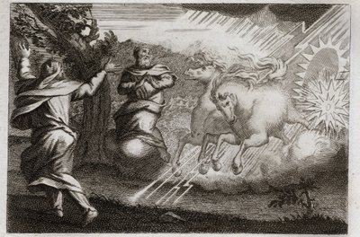 Bíblia de Royaumont, Velho Testamento: Elias está encantado no céu. Elias é levado ao céu em uma carruagem de fogo na presença de seu discípulo. Eliseu recebe dele sua mente dupla: ele divide as águas do Jordão com o manto de Elias. Ilustração de Unknown artist