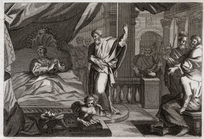 Bíblia de Royaumont, Velho Testamento: Ezechias recebe saúde. O rei Ezechias adoeceu com a morte, recebeu saúde e outros quinze anos de vida. O profeta Isaías (Isaías) anuncia sua guerra: o sinal será empurrar a sombra do relógio para trás por dez degraus. de Unknown artist