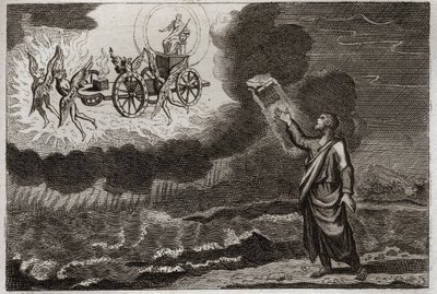 Bíblia de Royaumont, Velho Testamento: O profeta Ezequiel. Santo Profeta teve uma visão onde o Senhor lhe apareceu em um carrinho, carregado por quatro querubins (tetramorfo). Ilustração de 1811. de Unknown artist