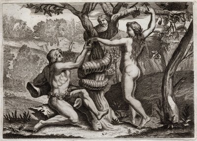Bíblia de Royaumont, Velho Testamento: A queda de Adão. O demônio sob a face de uma cobra fala com Eva, e a tenda para comer frutas proibidas: Eva cai e também provoca a queda de Adão. Ilustração de 1811. de Unknown artist