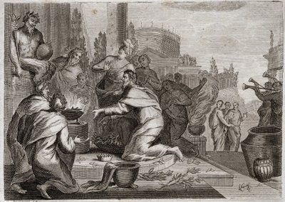 Bíblia de Royaumont, Velho Testamento: Queda de Salomão. Salomão é corrompido por mulheres e oferece incenso aos ídolos dos falsos deuses. A sua morte. Ilustração de 1811. de Unknown artist