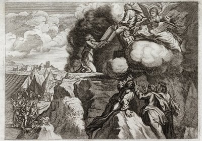 Bíblia de Royaumont, Velho Testamento: As Primeiras Tabelas da Lei. Deus dá a Lei ao seu povo no Monte Sinai. Moisés recebe os 10 Mandamentos das mãos de Deus. Ilustração de 1811. de Unknown artist