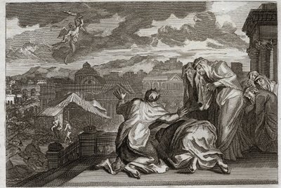Bíblia de Royaumont, Velho Testamento: "Fleau of the Plague". E tendo Davi feito a sombra de todo o seu povo por um movimento vaidoso, Deus aflige o seu reino com uma peste que leva setenta mil homens em três dias. Ilustração de 1811. de Unknown artist