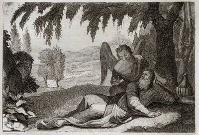 Bíblia de Royaumont, Velho Testamento: O voo de Elias. Elias fugindo da ira de Jezabel, que queria vingar-se dele pela morte de seus falsos Profetas, é apoiado no deserto por um Anjo que lhe traz comida. Ilustração de 1811. de Unknown artist