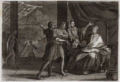 Bíblia de Royaumont, Velho Testamento: Amigos de Jó. Jó ao invés de ser consolado por três príncipes, seus amigos, que vieram vê-lo, não receberam nada além de tristeza porque queriam fazê-lo parecer culpado. Ilustração de 1811. de Unknown artist