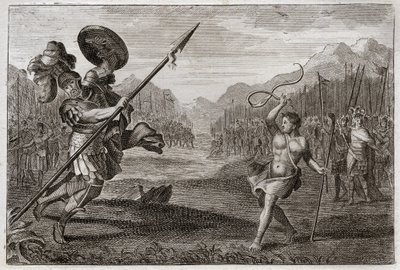 Bíblia de Royaumont, Velho Testamento: Golias Gigante. Golias, filisteu, de prodigiosa grandeza, é derrotado por Davi, arma apenas com uma funda e um pau. Ilustração de 1811. de Unknown artist