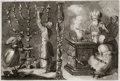 Bíblia de Royaumont, Velho Testamento: O candelabro dourado tem sete ramos (menorah ou menora) no Tabernáculo. Ilustração de 1811. de Unknown artist