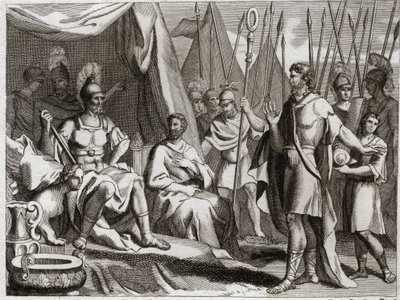 Bíblia de Royaumont, Velho Testamento: Holoferne. General do Exército de Nabucodonosor II, Holoferne se aproxima da Judéia. Ahior, Rei dos Amonitas, que veio para lhe devolver, levanta diante de Holoferne o poder do Deus dos Judeus. Ilustração de 181 de Unknown artist