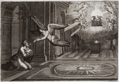 Bíblia de Royaumont, Velho Testamento: O profeta Isaías. Um serafim tomou com a sua pinça uma brasa de fogo que estava sobre o altar, e tocou os lábios deste santo profeta, para purificá-lo de todas as suas manchas. Ilustração de 1811. de Unknown artist