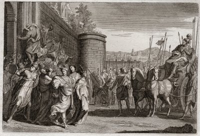 Bíblia de Royaumont, Velho Testamento: Jefté sacrifica a sua filha. Jefté, um dos juízes de Israel, prometeu sacrificar a Deus a primeira pessoa que viria até ele depois de sua vitória contra os amonitas. Era a filha dele. Ilustração de 1811. de Unknown artist