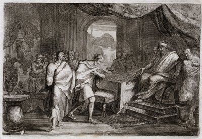 Bíblia de Royaumont, Velho Testamento: Joachim atira ferros. Evilmerodach (Evil Merodac, Evil Merodac), Rei da Babilônia, após a morte de Nabucodonosor II, trata Joaquim (Joacim, Joaquim, Jeconias), outrora Rei de Judá, e o tira dos ferros para sentar-se e de Unknown artist