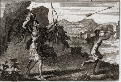 Bíblia de Royaumont, Velho Testamento: Jonathan e David. E quando Jônatas viu o amargo de seu pai, Saul o advertiu para se retirar. Ilustração de 1811. de Unknown artist
