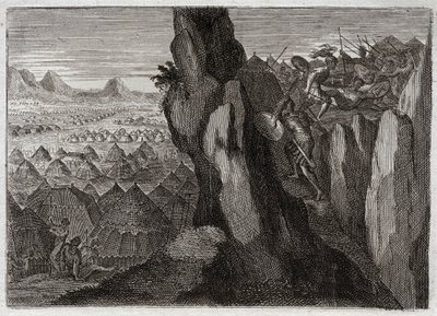 Bíblia de Royaumont, Velho Testamento: Jonathan e o seu Ecuyer. Jônatas, filho do rei Saul, vai sozinho com seu eqüitativo para o acampamento dos filisteus, e os põe em fuga. Ilustração de 1811. de Unknown artist