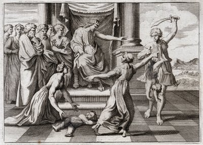 Bíblia de Royaumont, Velho Testamento: O julgamento de Salomão. O famoso julgamento de Salomão entre duas mulheres, para reconhecer qual das duas era a mãe de uma criança, que ambas afirmavam ser ela. Ilustração de 1811. de Unknown artist