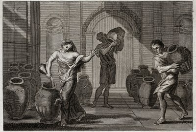 Bíblia de Royaumont, Velho Testamento: Milagre de Eliseu. Uma viúva atormentada de seus cretadores, usando a caridade de Eliseu, este Profeta ordenou que ela pegasse emprestado muitos vasos desses vizinhos, que ela encheu de óleo com um pequeno remanescent de Unknown artist