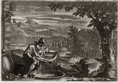 Bíblia de Royaumont, Velho Testamento: Milagre de Fleece. Gedeon (Gideão) obteve de Deus o milagre do velo como prova de que ele o tinha escolhido e que o tornaria o libertador do seu povo. Ilustração de 1811. de Unknown artist