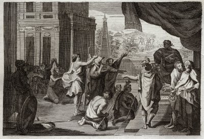Bíblia de Royaumont, Velho Testamento: Moisés perante o Faraó. Moisés pede ao Faraó que deixe os hebreus irem para o deserto para sacrificar ao Senhor. Ilustração de 1811. de Unknown artist