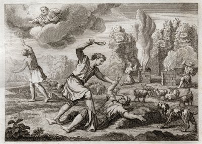 Bíblia de Royaumont, Velho Testamento: Assassinato de Abel. Caim carrega seu irmão com inveja contra Abel, levando-o para o campo como se fosse para andar, e matando-o. Ilustração de 1811. de Unknown artist