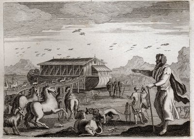 Bíblia de Royaumont, Velho Testamento: A Arca de Noé. Deus, zangado com as ofensas dos homens, decide punir a todos com um dilúvio; e para salvar Noé, que era justo, ele ordena que ele faça a Arca. Ilustração de 1811. de Unknown artist