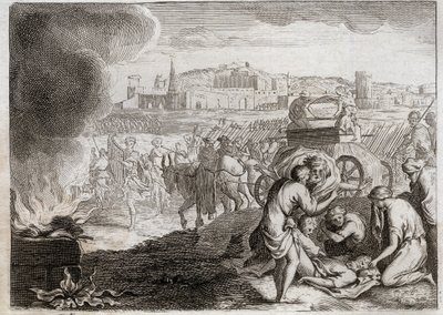 Bíblia de Royaumont, Velho Testamento: Oza ataca com Deus. David quer trazer a Arca da Aliança de volta para casa. Oza morreu, que colocou sua mão lá para impedi-lo de cair. Ilustração de 1811. de Unknown artist