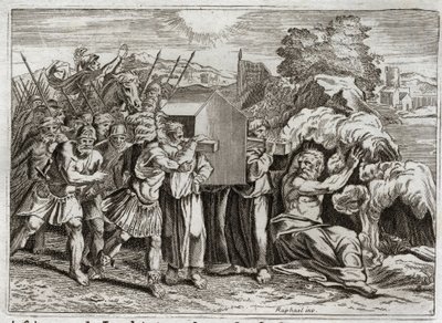 Bíblia de Royaumont, Velho Testamento: Passagem do Jordão. Josué leva o Jordão a todo o povo. Este rio seca, e os sacerdotes que levavam a arca da aliança entraram nele; e as águas subiram acima e permaneceram suspensas como uma montanha. I de Unknown artist
