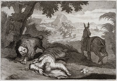 Bíblia de Royaumont, Velho Testamento: Profetas desobedientes. Um profeta, tendo tomado Jeroboão de seus ímpios, é morto por um leão, porque não obedecia ao Senhor, que o tinha proibido de beber e comer neste lugar. Ilustração de 1811. de Unknown artist