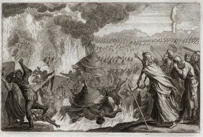 Bíblia de Royaumont, Velho Testamento: Punição do Fogo Celestial. Core (Kore), Datã (Datan, Nathan) e Abriron (Abiram) murmuram contra Moisés, e afetam o governante Pretrise, todos são destruídos vivos, e a terra se abre para devorá-los. Episódio do de Unknown artist