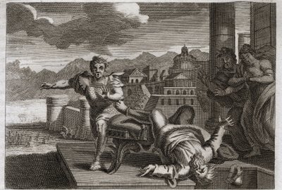 Bíblia de Royaumont, Velho Testamento: Punição de Heli. Deus, para punir o grande sacerdote Heli (Eli) por sua negligência em assumir as ordens de seus filhos, permite que ele caia de seu assento e quebre sua cabeça ao ouvir a notícia de sua morte. de Unknown artist