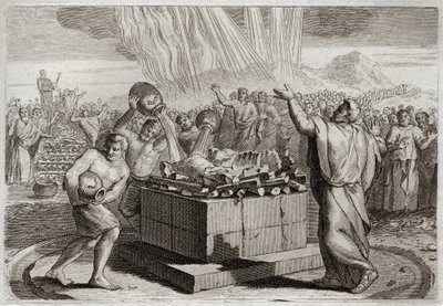 Bíblia de Royaumont, Velho Testamento: Sacrifício de Elias. E tendo tornado o verdadeiro Deus conhecido pelo milagre do fogo que desceu do céu sobre o seu sacrifício, ordenou ao povo que matasse os quatrocentos e cinquenta sacerdotes do ídolo de Baal. Illu de Unknown artist