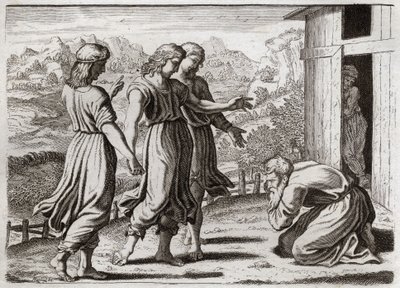 Bíblia de Royaumont, Velho Testamento: Sara concots Isaac. Abraão recebe três anjos que prometem a Sara (Sara) que ela terá um filho dentro de um ano. Ilustração de 1811. de Unknown artist