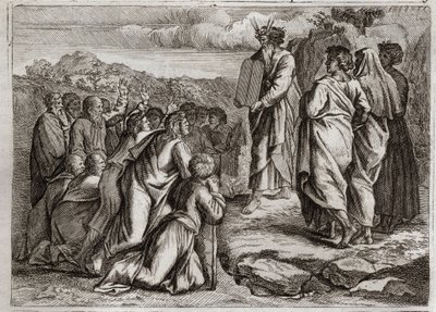 Bíblia de Royaumont, Velho Testamento: Segundas Távolas da Lei. Deus dá a Moisés outras mesas (Dez Mandamentos), que o povo recebe com respeito. Ilustração de 1811. de Unknown artist
