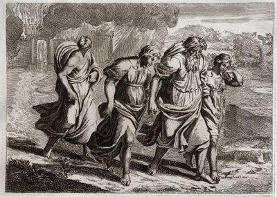 Bíblia de Royaumont, Velho Testamento: Sodoma Brulee. Deus irrita os crimes abomináveis de Sodoma, queima-o com as outras cidades vizinhas, com uma chuva de fogo e enxofre que ele queima do céu (Loth, suas filhas e sua esposa fugindo da cidade). Ilustrar de Unknown artist