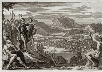 Bíblia de Royaumont, Velho Testamento: Soldados de Gedeon. Deus ordena a Gedeon (Gideão) que conduza todas as suas tropas até o rio Jordão, e lhe dá uma marca para discernir aqueles que ele deveria usar para lutar contra os midianitas. Ilustração de 1811. de Unknown artist