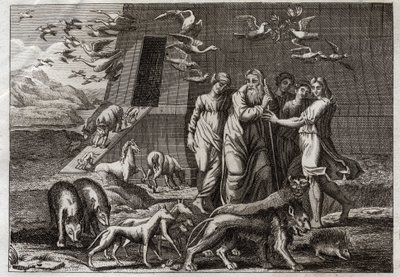 Bíblia de Royaumont, Velho Testamento: O Arco-íris. Noé deixa a Arca e oferece um sacrifício a Deus que a recebe favoravelmente. Ele promete não enviar mais nenhum dilúvio sobre a terra. Ele dá o Arco-Íris como sinal da verdade desta promessa. Ilustração d de Unknown artist