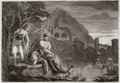 Bíblia de Royaumont, Velho Testamento: O anjo guia Tobie. O jovem Tobie está aterrorizado por um peixe (milagroso) que queria comê-lo. O anjo Rafael vem por ordem de Deus para guiá-lo em uma viagem que ele tinha que fazer. Ilustração de 1811. de Unknown artist