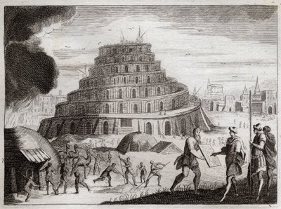 Bíblia de Royaumont, Velho Testamento: Torre de Babel. Os homens querem por vaidade erguer uma Torre para o céu. Deus impede este trabalho confundindo as suas línguas para que não possam mais ouvir uns aos outros falar. Ilustração de 1811. de Unknown artist
