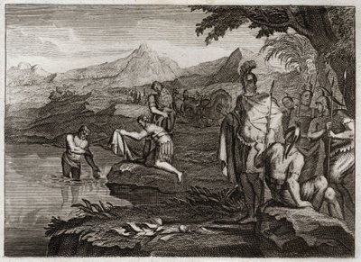 Bíblia de Royaumont, Velho Testamento: Guerra de Naaman. Naaman, general do exército do rei da Síria, veio para encontrar o profeta Eliseu para ser curado de sua lepra. Ilustração de 1811. de Unknown artist