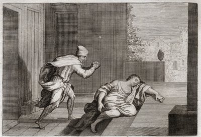 Bíblia de Royaumont, Velho Testamento: Mulher do Levita Ultragee. A mulher do Levita foi encontrada morta à porta depois de ter sido abusada por bandidos. Ilustração de 1811. de Unknown artist