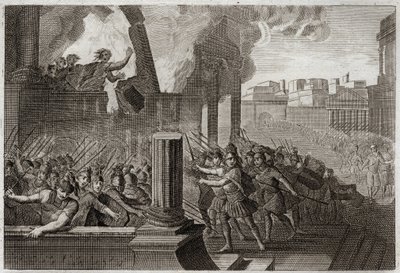 Bíblia de Royaumont, Velho Testamento: Queimaduras de Zambri. Zambri, tendo-se revoltado contra Ela, o quarto rei de Israel, está sitiado em Thersa, onde se queima, com toda a sua família, no seu palácio. Ilustração de 1811. de Unknown artist