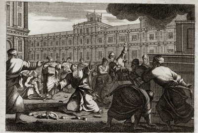 Bíblia de Royaumont, Velho Testamento:, Zacarias apedrejado. Zacarias, o Sumo Sacerdote, é apedrejado por ordem de Joás (Jeoás), rei de Judá, porque ele o tirou de suas ordens. Ilustração de 1811. de Unknown artist