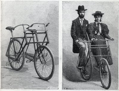 Bicicleta tem dois assentos do fabricante "Punnett Cycle" sem e com ciclistas. Gravação em "La Nature". de Unknown artist