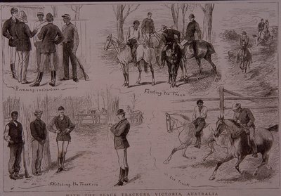 Black Trackers on the trail of bushrangers in Victoria, Austrália em 1881 (gravura) de Unknown artist