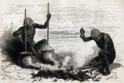 Ferreiros Lakoutas (tribo localizada na região do Alto Nilo), um ramo de madeira bifurcada serve como alicate, duas pedras servem como martelo e bigorna, duas panelas de barro com tubos longos na base servem como fole para fogo de carvão, as panelas são fi de Unknown artist