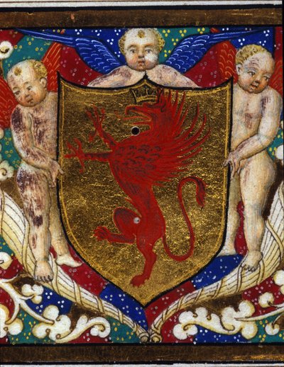 Blazon decora uma coroa de grifo sobre fundo dourado. Detalhe de uma miniatura. de Unknown artist