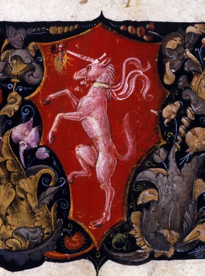 Blazon decorando um unicórnio sobre um fundo vermelho. Detalhe de uma miniatura. Século XV de Unknown artist
