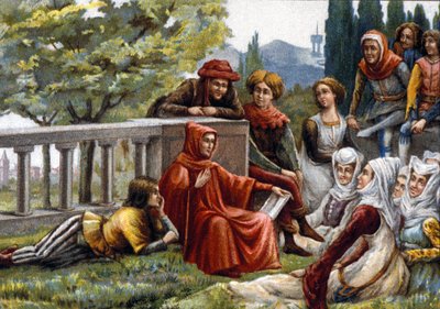 Boccacio (Boccacio) lendo o Decameron para seus amigos durante a epidemia de peste em Florença por volta de 1348. cromolitografia do final do século XIX. de Unknown artist