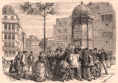 Boulevard Pigalle em Paris: multidão parisiense em torno de uma coluna de Morris durante a venda dos jornais de Unknown