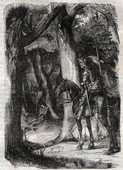 Bradamante apercoit Pinabel (Pinabello) - Gravura de 1851 de "Roland furieux" (Orlando furioso) (século XVI) de Ludovico Ariosto, conhecido como Ariosta - Edição traduzida do italiano pelo Conde de Tressan e publicada por Gustave Harvard 1851 de Unknown artist